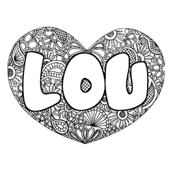 Coloraci&oacute;n del nombre LOU - decorado mandala de coraz&oacute;n