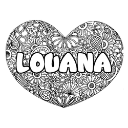 Coloraci&oacute;n del nombre LOUANA - decorado mandala de coraz&oacute;n