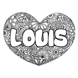Coloraci&oacute;n del nombre LOUIS - decorado mandala de coraz&oacute;n