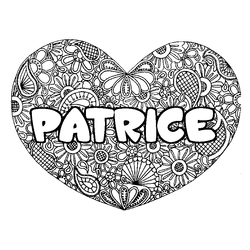 Coloraci&oacute;n del nombre PATRICE - decorado mandala de coraz&oacute;n