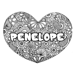 Coloraci&oacute;n del nombre PENELOPE - decorado mandala de coraz&oacute;n