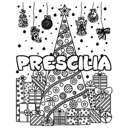 Coloraci&oacute;n del nombre PRESCILIA - decorado &aacute;rbol de Navidad y regalos