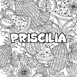 Coloraci&oacute;n del nombre PRISCILIA - decorado mandala de frutas
