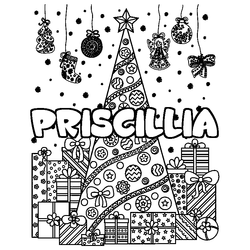 Coloraci&oacute;n del nombre PRISCILLIA - decorado &aacute;rbol de Navidad y regalos