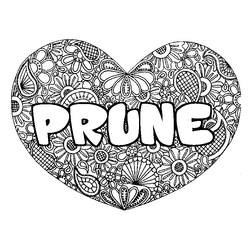 Coloraci&oacute;n del nombre PRUNE - decorado mandala de coraz&oacute;n