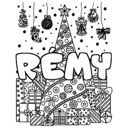Coloraci&oacute;n del nombre R&Eacute;MY - decorado &aacute;rbol de Navidad y regalos