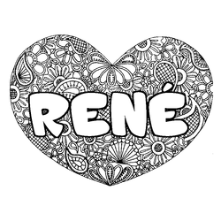 Coloraci&oacute;n del nombre REN&Eacute; - decorado mandala de coraz&oacute;n