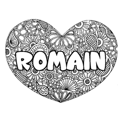 Coloraci&oacute;n del nombre ROMAIN - decorado mandala de coraz&oacute;n