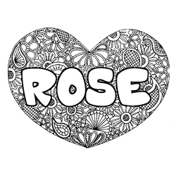 Coloraci&oacute;n del nombre ROSE - decorado mandala de coraz&oacute;n