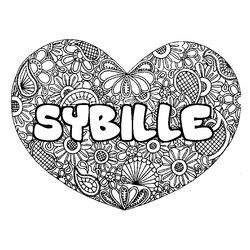 Coloraci&oacute;n del nombre SYBILLE - decorado mandala de coraz&oacute;n