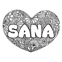 Coloraci&oacute;n del nombre SANA - decorado mandala de coraz&oacute;n