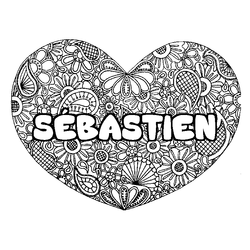 Coloraci&oacute;n del nombre S&Eacute;BASTIEN - decorado mandala de coraz&oacute;n