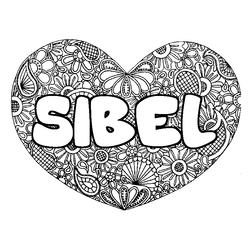 Coloraci&oacute;n del nombre SIBEL - decorado mandala de coraz&oacute;n