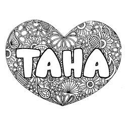 Coloraci&oacute;n del nombre TAHA - decorado mandala de coraz&oacute;n