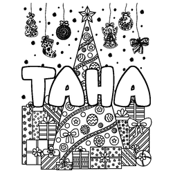 Coloraci&oacute;n del nombre TAHA - decorado &aacute;rbol de Navidad y regalos