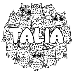 Coloraci&oacute;n del nombre TALIA - decorado b&uacute;hos