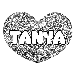 Coloraci&oacute;n del nombre TANYA - decorado mandala de coraz&oacute;n