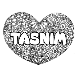 Coloraci&oacute;n del nombre TASNIM - decorado mandala de coraz&oacute;n
