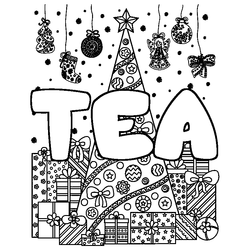Coloraci&oacute;n del nombre TEA - decorado &aacute;rbol de Navidad y regalos