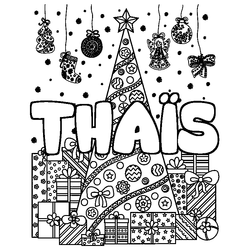 Coloraci&oacute;n del nombre THA&Iuml;S - decorado &aacute;rbol de Navidad y regalos