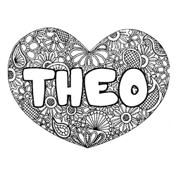 Coloraci&oacute;n del nombre THEO - decorado mandala de coraz&oacute;n