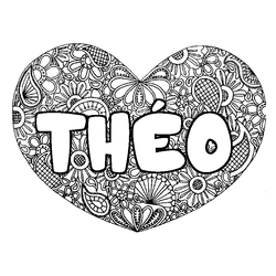 Coloraci&oacute;n del nombre TH&Eacute;O - decorado mandala de coraz&oacute;n