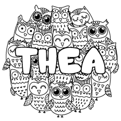 Coloraci&oacute;n del nombre THEA - decorado b&uacute;hos