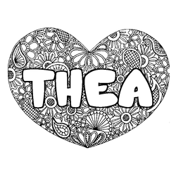 Coloraci&oacute;n del nombre THEA - decorado mandala de coraz&oacute;n