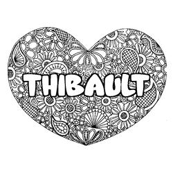 Coloraci&oacute;n del nombre THIBAULT - decorado mandala de coraz&oacute;n