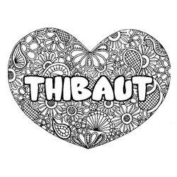 Coloraci&oacute;n del nombre THIBAUT - decorado mandala de coraz&oacute;n