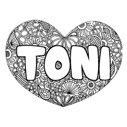 Coloraci&oacute;n del nombre TONI - decorado mandala de coraz&oacute;n