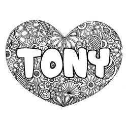 Coloraci&oacute;n del nombre TONY - decorado mandala de coraz&oacute;n