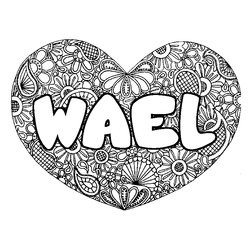 Coloraci&oacute;n del nombre WAEL - decorado mandala de coraz&oacute;n