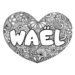 Coloraci&oacute;n del nombre WA&Euml;L - decorado mandala de coraz&oacute;n