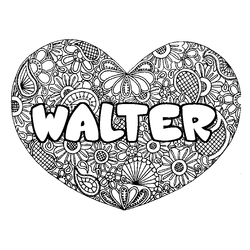 Coloraci&oacute;n del nombre WALTER - decorado mandala de coraz&oacute;n
