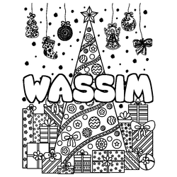 Coloraci&oacute;n del nombre WASSIM - decorado &aacute;rbol de Navidad y regalos