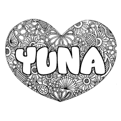 Coloraci&oacute;n del nombre YUNA - decorado mandala de coraz&oacute;n