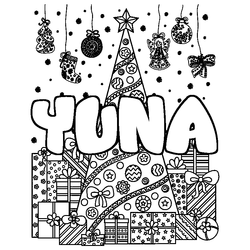 Coloraci&oacute;n del nombre YUNA - decorado &aacute;rbol de Navidad y regalos
