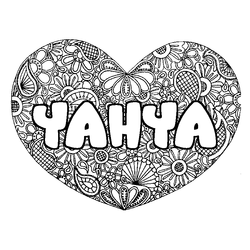 Coloraci&oacute;n del nombre YAHYA - decorado mandala de coraz&oacute;n