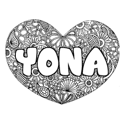 Coloraci&oacute;n del nombre YONA - decorado mandala de coraz&oacute;n