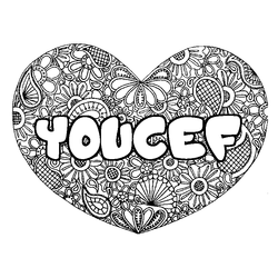 Coloraci&oacute;n del nombre YOUCEF - decorado mandala de coraz&oacute;n
