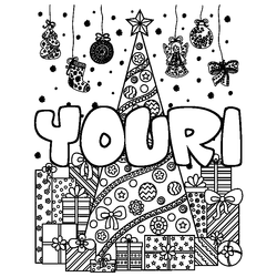 Coloraci&oacute;n del nombre YOURI - decorado &aacute;rbol de Navidad y regalos