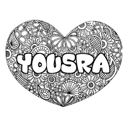 Coloraci&oacute;n del nombre YOUSRA - decorado mandala de coraz&oacute;n