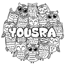 Coloraci&oacute;n del nombre YOUSRA - decorado b&uacute;hos