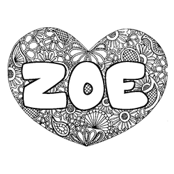 Coloraci&oacute;n del nombre ZOE - decorado mandala de coraz&oacute;n